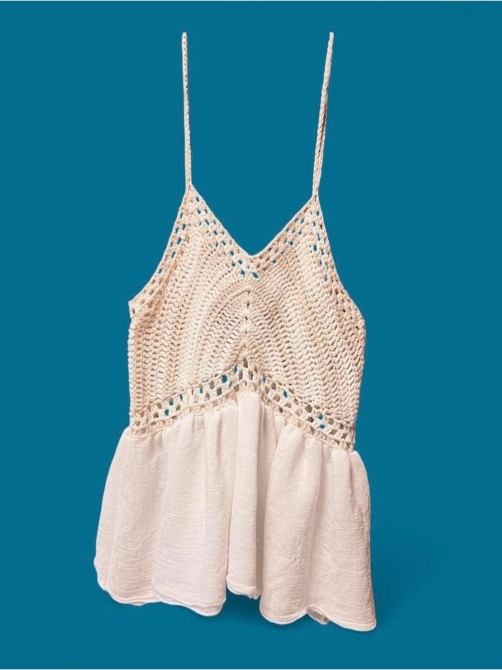 Cute Miss Valley Cream Crochet Tank Top with Flowy Bottom Sz S Boho Festival